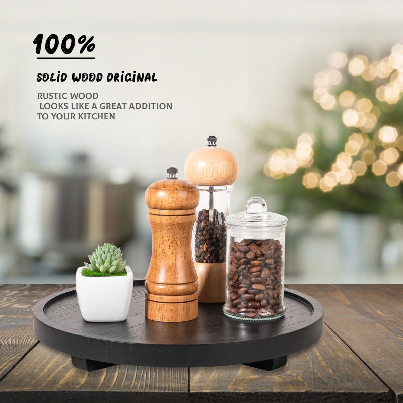 zoocatia Round Decorative Tray Wood Bathroom Counter Organizer Farmhouse Kitchen Decor Wooden Riser for Soap Dish  Perfume  Candle  Sponge  11"" - Black - Image 2